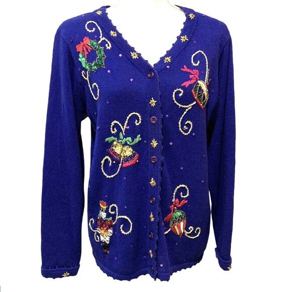 VINTAGE Bright Blue Ugly Christmas Sweater by Arriviste Beads & Sequins Small - Picture 1 of 12
